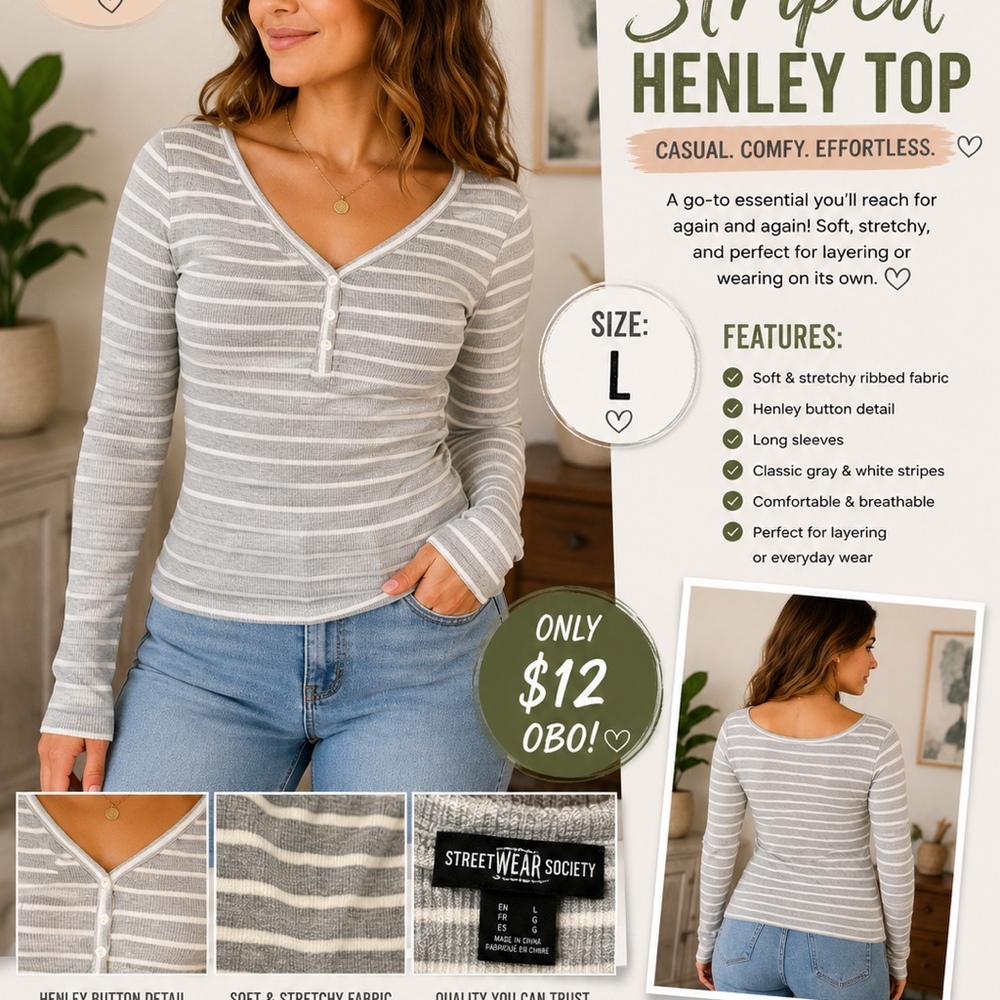 Streetwear Society Gray & White Striped Henley Top – Women’s Size Large